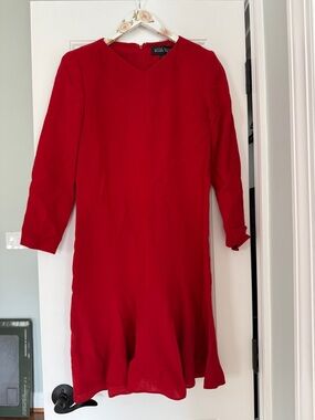 Ellen Tracy Red Long-Sleeve V-Neck Flared-Hem Dress